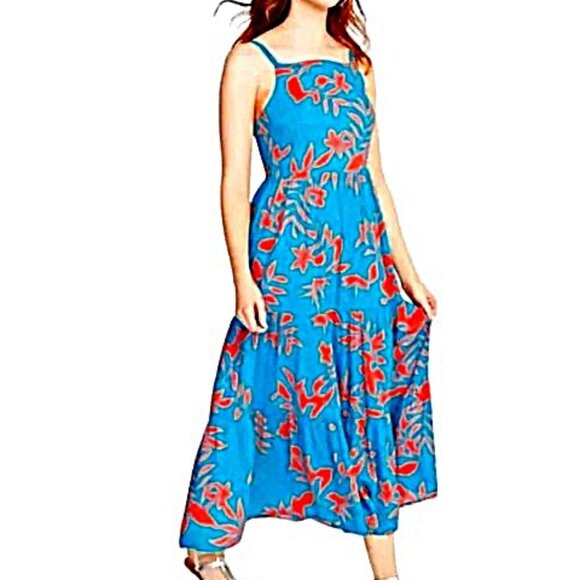 Old Navy Women Smocked Back Sleeveless Blue Coral Tiered Maxi Sun Dress Sz Large - Picture 1 of 8